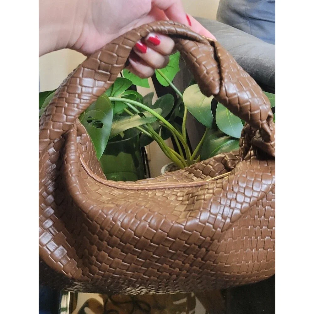 MOTF Premium Vegan Leather Textured Bagette HandBag - Brown Purse - Bow Detail